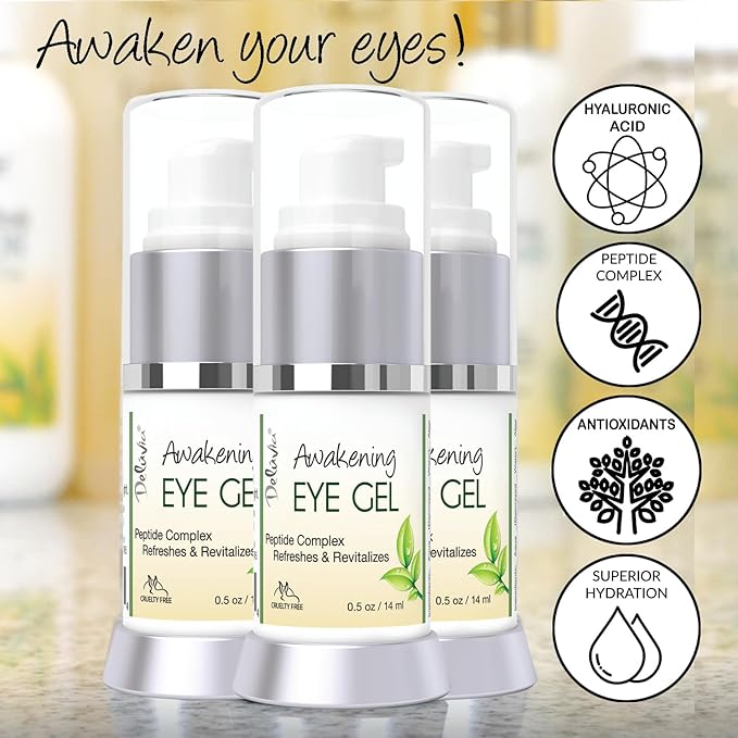 Deluvia Daily Under Eye Gel - Reduces the Appearance of Puffiness, Wrinkles, Fine Lines, Bags, Dry, Crepe Skin - Organic Aloe, Vitamin E, Hyaluronic Acid - Firming Moisturizing..