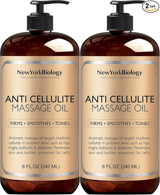 New York Biology Anti Cellulite Massage Oil 8 Fl Oz – Made with 100% Natural Oils – Body Oil for Massage Therapy, Muscle Relaxation and Deep Tissue - Pack of 2