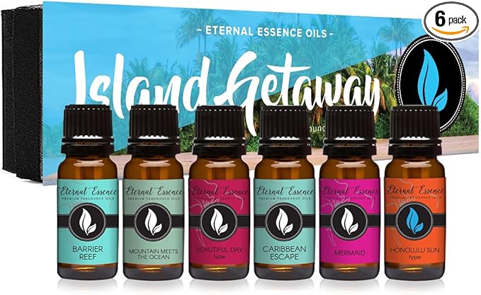 Eternal Essence Oils Island Getaway Set of 6 Premium Fragrance Oils - Includes Barrier Reef, Mountain Meets The Ocean, Beautiful Day, Caribbean Escape, Mermaid, and Honolulu Sun Hype - 10ML