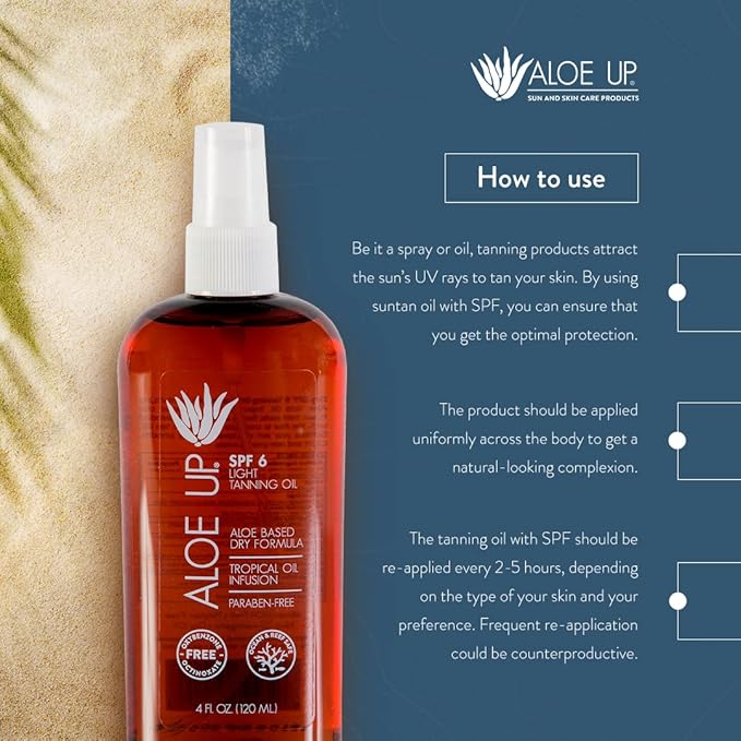 Aloe Up Light Tanning Oil With SPF 6 Sunscreen - Body and Face Tanning Oil for Outdoor Sun - With Pure Aloe Vera Oil and Natural Oils - Absorbs Quickly - Reef Friendly - Fresh Tropical Scent - 4 Oz
