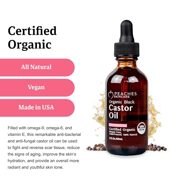 Organic Cold-Pressed Castor Oil – Hexane-Free, Vegan Formula with Omega-9, Omega-6, and Vitamin E – Hydrating Oil for Skin and Hair – Black Castor Oil (2 fl. oz)
