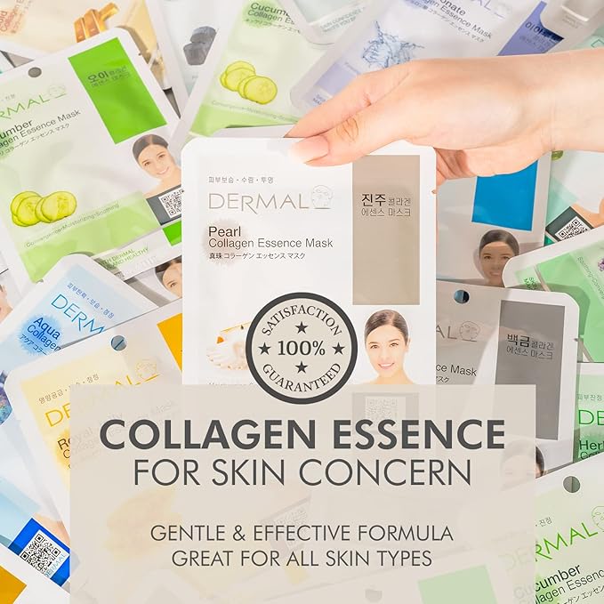 DERMAL 32 Combo A+B Set Collagen Essence Korean Face Mask - Hydrating and Soothing Facial Mask with Panthenol - Hypoallergenic Self Care Sheet Mask for All Skin Types - Natural Home Spa Treatment Mask