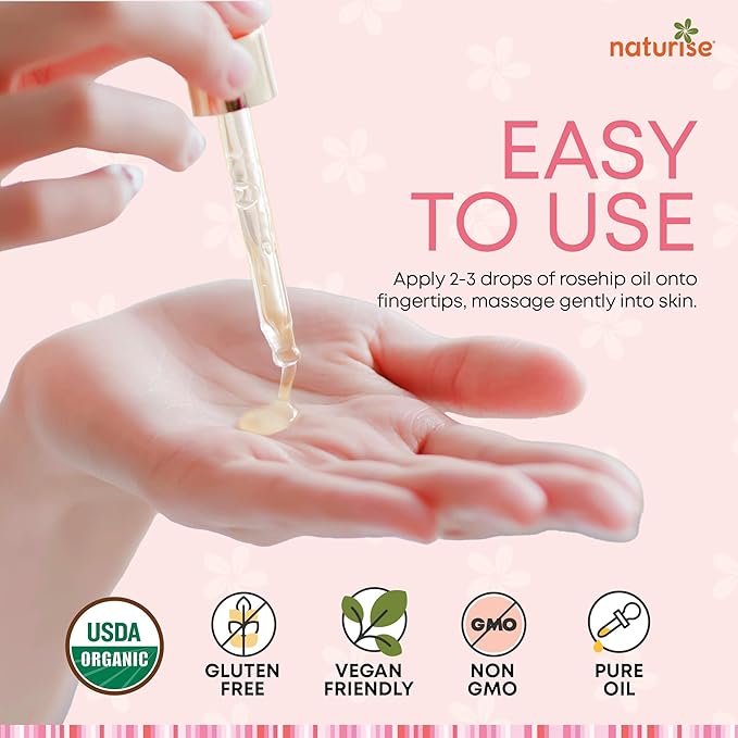 Organic Rosehip Seed Oil for Face, 100% Pure, Natural Cold Pressed Rose Hip Oil for Skin, Hair, Nails and Body Care (2 FL. OZ.)