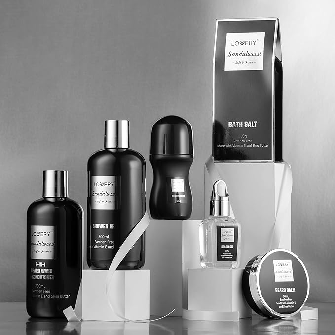Beard Kit and Body Care Gifts for Men, Sandalwood Spa Gift Baskets, Mens Bath and Beard Grooming Kitf or Him, Unique Birthday Gifts for Him with Beard Balm, Growth Oil, Deodorant and More
