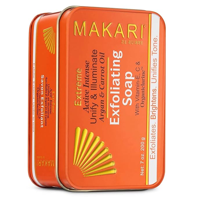 MAKARI Extreme Argan & Carrot Seed Oil Skin Toning 2 Piece Gift Set | Exfoliating Soap & Tone Boosting Body Lotion Ideal for All Types, Botanical Self Skin Care Kit with Free Makeup Bag
