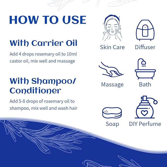 HIQILI Rosemary Essential Oil, for Hair Growth, Scalp, Add to Shampoo & Conditioner, 100% Pure & Natural - 1 FI Oz