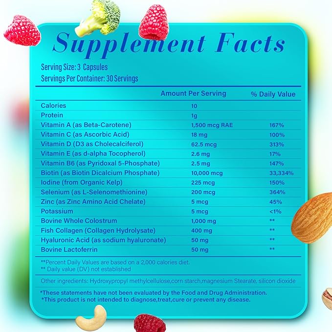 Hair Skin and Nails Vitamins, Biotin with Bovine Colostrum, Collagen & Vitamin A, B6, C, D, E, Supports Healthy Hair, Nails & Skin for Men and Women-076