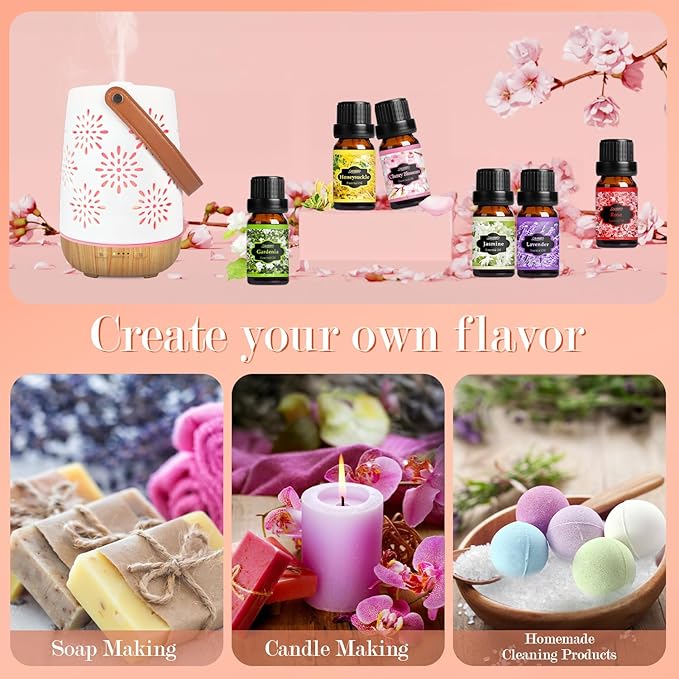 SALUBRITO Floral Fragrance Oils Set, Essential Oils for Diffuser & Candle Making Scents, 6x10ml Aromatherapy Oils Gift Set - Jasmine, Lavender, Rose, Gardenia, Cherry Blossom, Honeysuckle Oil