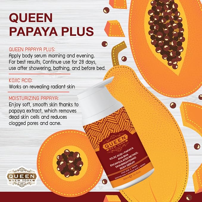 QUEEN NATURAL NEW YORK QUEEN PAPAYA PLUS | Kojic Acid+Papaya AHA BHA Plus Multi-Bright Body Serum (Pack of 1)