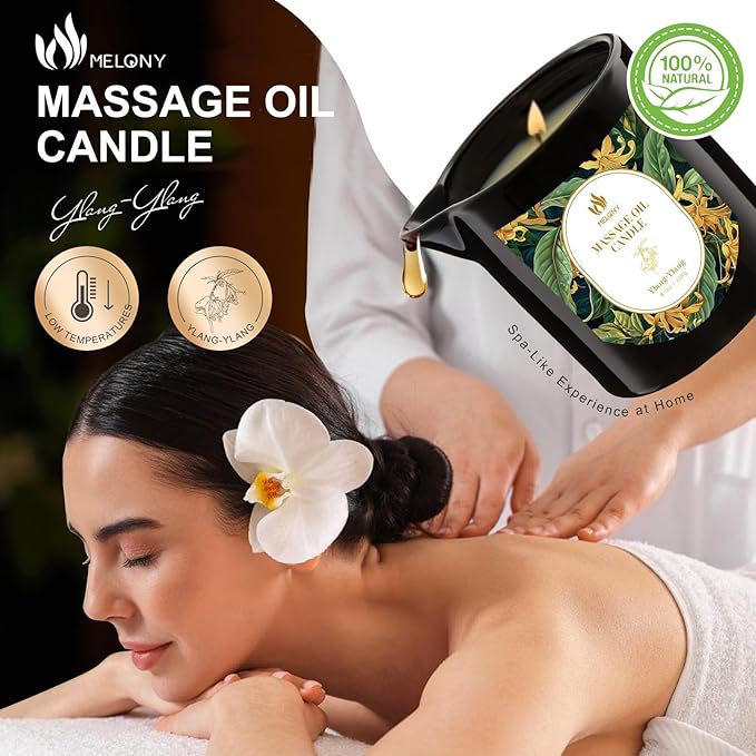 MELONY Massage Oil Candles, Essential Oil+Soy Based, 8.1OZ/230g, Home Spa with Luxurious Body Oil & Lotion Candle, Intensive Skin Treatment Candle, Low Temp Body Safe Wax (Ylang - Ylang)