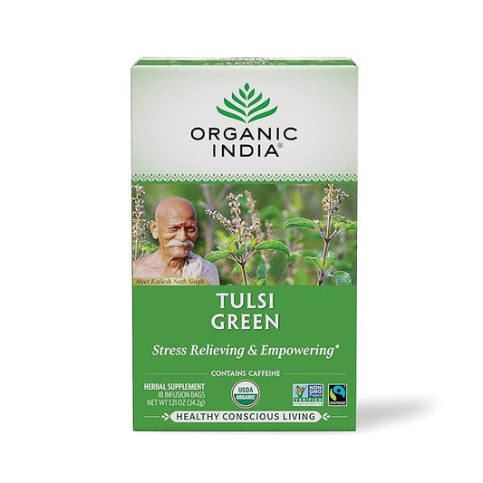 ORGANIC INDIA Tulsi Green Tea Bags - Holy Basil Tea, African Basil, Stress Relieving, Immune Support, USDA Certified Organic, Premium Darjeeling Green Tea, Caffeinated - 18 Infusion Bags, 1 Pack