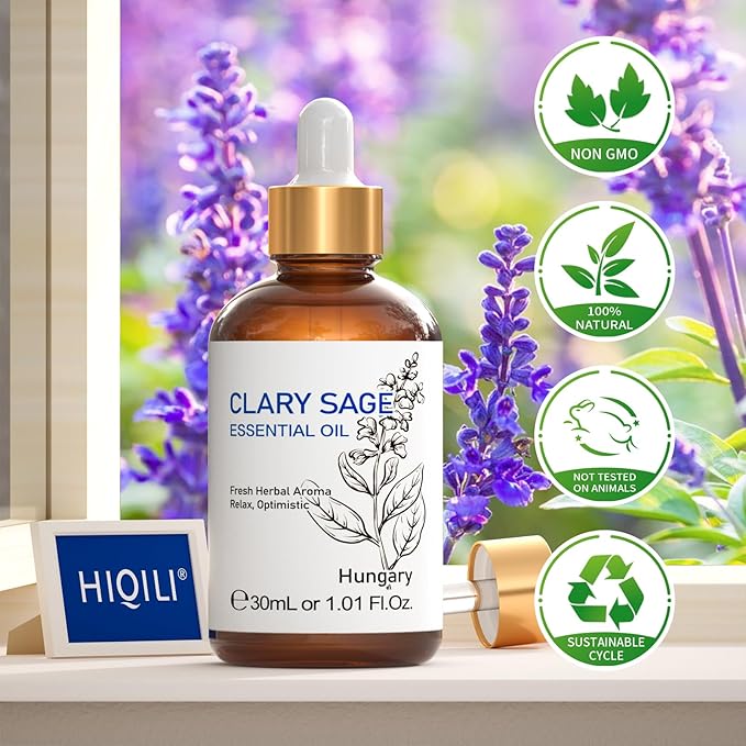 HIQILI 1 Fl Oz Clary Sage Oil Essential Oil, 100% Pure Undiluted for Diffuser, Aromatherapy - 30ml