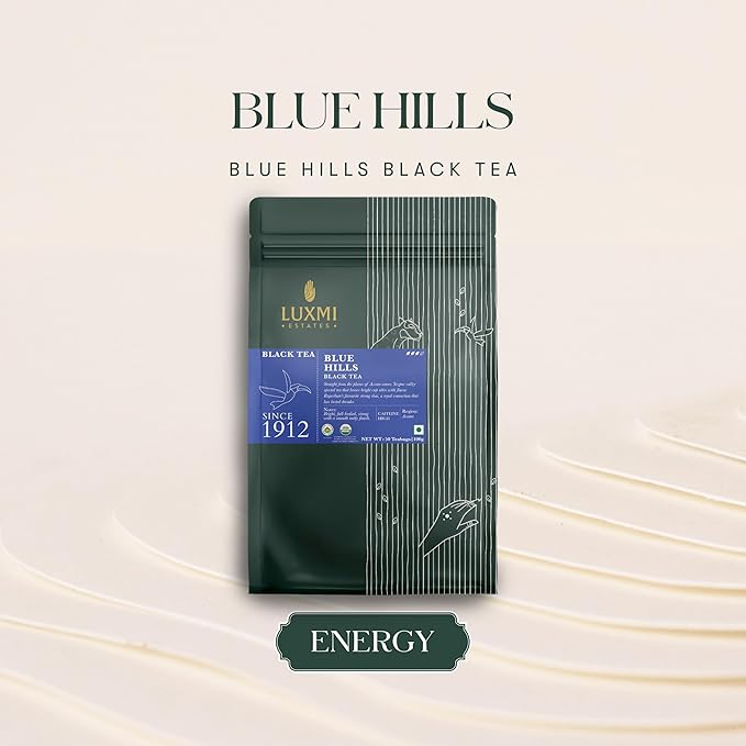 Luxmi Estates - Blue Hills - Organic CTC Assam Black Tea - 50 Tea Bags | Jodhpur Blend - Rajasthan's Favorite Chai | Strong Cup of Original Indian Chai Tea - No Spices
