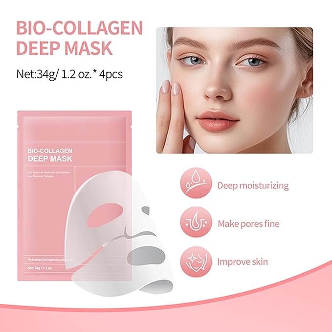 4Pcs Bio-Collagen Deep Mask, Hydrating Overnight Sleeping Mask Transparent Face Membrane Skin Care Moisturizing, Restores Skin Elasticity & Energy Collagen Mask for Women