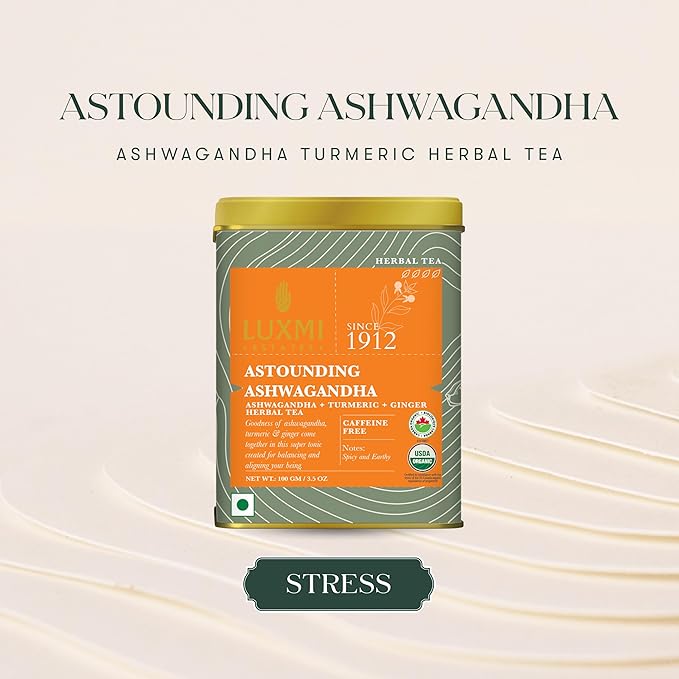 Luxmi Estates - Astounding Ashwagandha - Organic Ashwagandha Tea - Loose Leaf - 100g (50 Cups) | With Ashwagandha, Turmeric, Ginger, Lemongrass & More | Perfect Stress Relief Tea