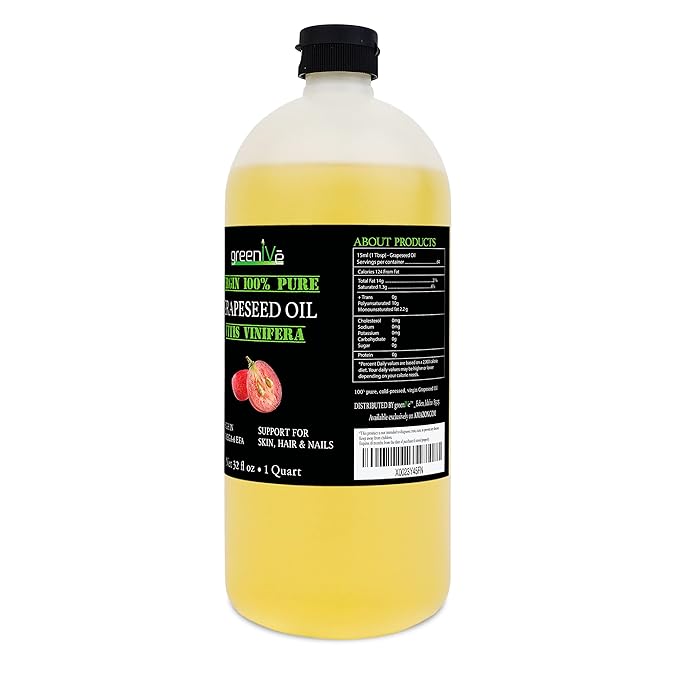 GreenIVe Grapeseed Oil Organically Grown 100% Pure Cold Pressed Light Flavor High Tempurature Cooking 32oz