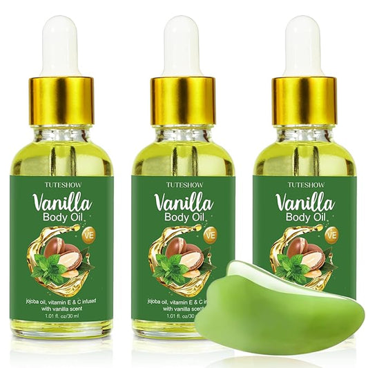 3 Pack Vanilla Body Oil Scented, Jojoba Oil and Vitamin E & C Infused Body Oils for Women after Shower, Highly Moisturize and Rejuvenate, Easily Absorb, Travel Size 1.01 fl.oz/30 ml