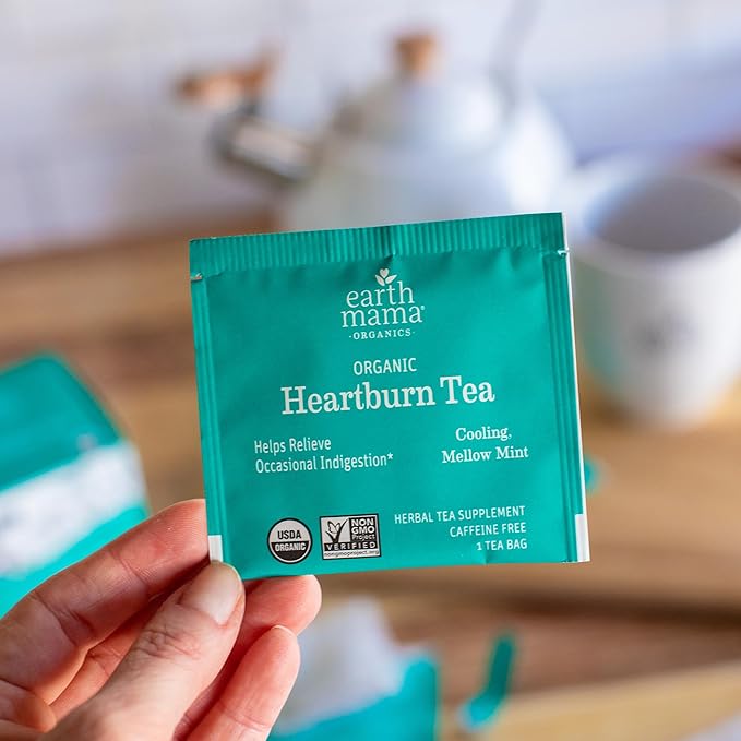 Earth Mama Organic Heartburn Tea | Pregnancy-Safe Soothing Herbal Blend with Marshmallow Root, Lemon Balm & Chamomile, 16 Teabags Per Box (6-Pack)