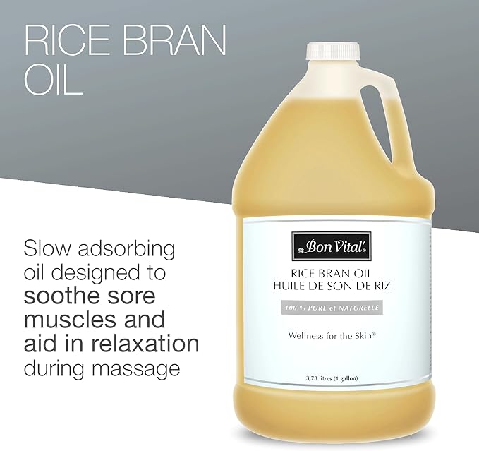 Bon Vital' Rice Bran Oil, 100% Pure and Cold Pressed Carrier Oils for Diffusers, Professional Massage Oil, Best Beauty Secret for Soft & Smooth Skin, Moisturizer, 1 Gallon Bottle