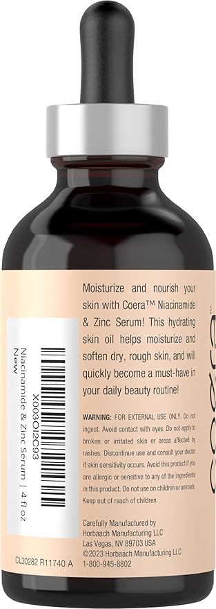 Coera Niacinamide Serum with Zinc | 4 fl oz | Moisturizer for Face and Skin | with Hyaluronic Acid | Professional Strength Formula | Free of Parabens, SLS & Fragrances | Packaging May Vary