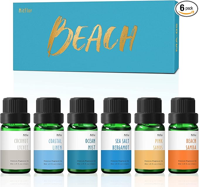 Beach Fragrance Oil, MitFlor Premium Scented Oils for Diffuser, Soap & Candle Making Scents, Summer Aromatherapy Essential Oils Set, Coastal Linen, Ocean Mist and More, 6x10 ml