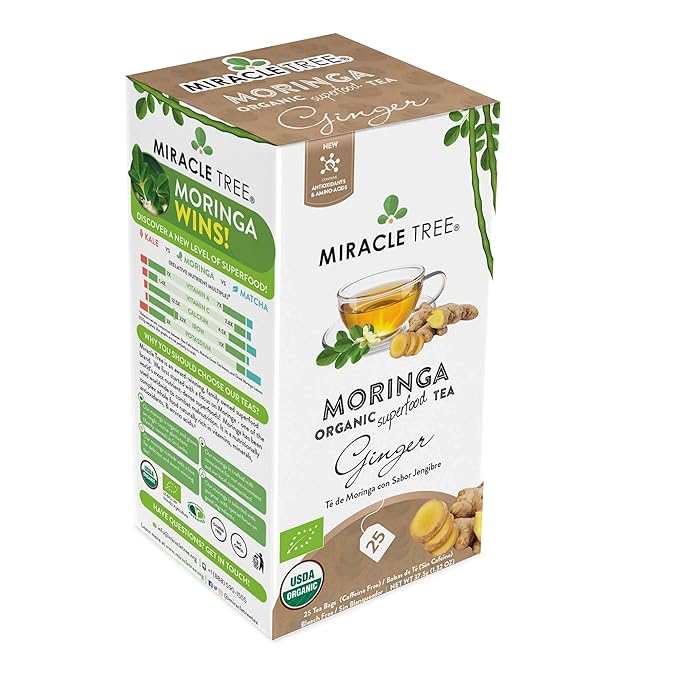 Miracle Tree - 3 Count of Organic Moringa Superfood Tea, 25 Individually Sealed Tea Bags, Ginger (Keto, Detox, Energy/Immunity Booster, Vegan, Gluten-Free, Organic, Non-GMO, Caffeine-Free)