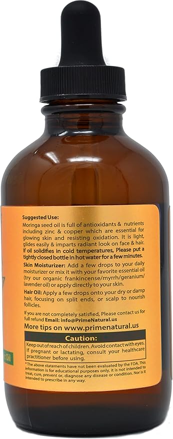 PRIME NATURAL Organic Moringa Oil USDA Certified, 100% Pure, Cold Pressed, Virgin, Unrefined Oil (4oz /120ml) - Joints, Skin, Face, Body & Hair - Vegan - Food Grade - Natural Moisturizer