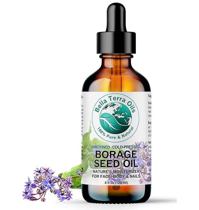 Bella Terra Oils - Organic Borage Seed Oil 2 oz - Cold-Pressed Excellence, Rich in Gamma-Linolenic Acid (GLA), Vitamins & Minerals, Ideal Nourishing Elixir for Skin