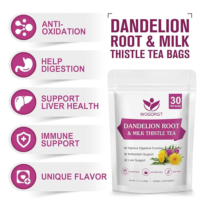 Dried Dandelion Root with Milk Thistle Tea - Natural Dandelion Root and Milk Thistle Herbal Tea bags for Liver Cleanse, Antioxidant and Immune Support, Caffeine Free - 30 Tea Bags