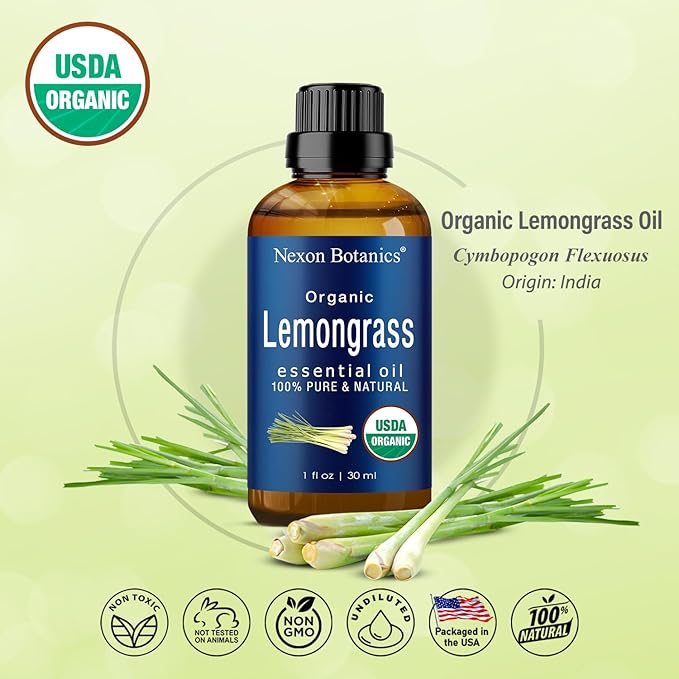 Organic Lemongrass Essential Oil 30 ml - Pure, Natural Lemongrass Oil for Diffusers & Aromatherapy - Skin & Hair Care - Undiluted - Nexon Botanics