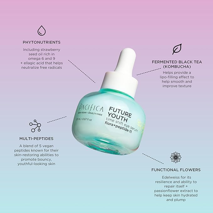 Pacifica Future Youth Time Shift Eye Serum – Peptide Eye Serum for Fine Lines & Dark Circles, Lifting & Firming Under Eye Treatment w/Flora + Peptide-11, Unscented Hydrating Gel for All Skin Types