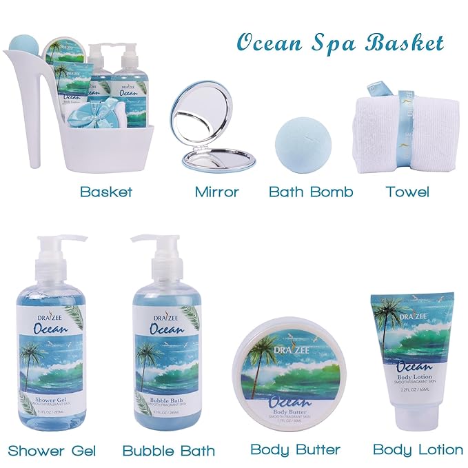Draizee Mothers Day Gifts for Mom - Spa Gift Baskets for Women - 8 Pcs Luxury Ocean Scented Heel Shoe Design Bath and Body Spa Set-Self Care Package for Women, Presents for Mom, Body Care Set for Her