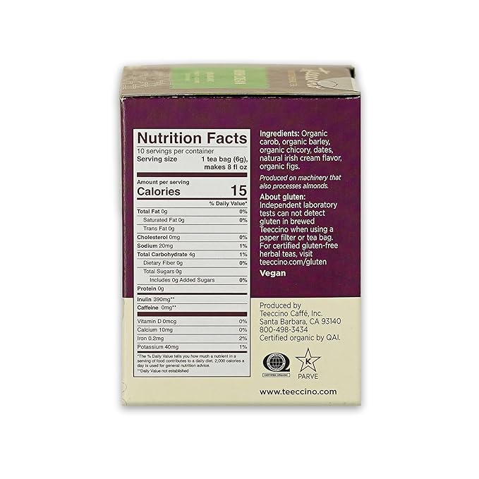 Teeccino Irish Cream Herbal Tea, Rich & Roasted Herbal Tea That’s Caffeine Free & Prebiotic for Natural Energy, 10 Tea Bags