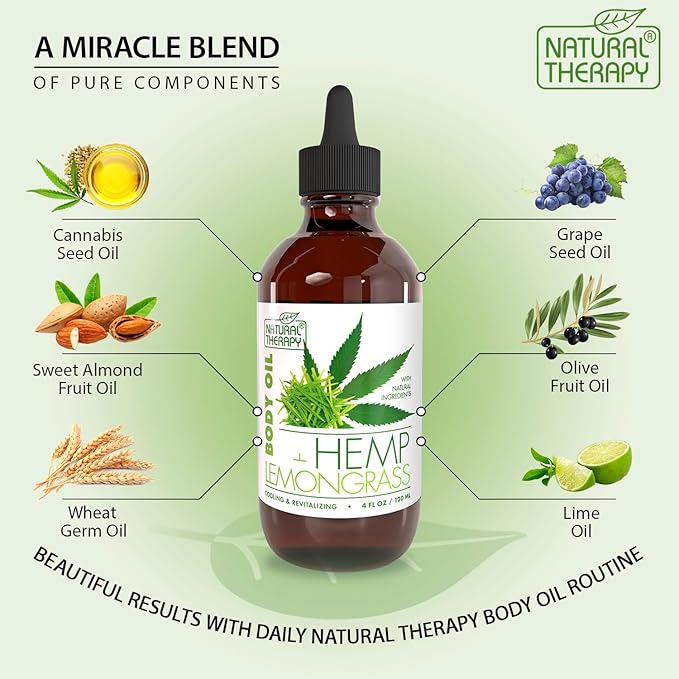 Natural Therapy Body Oil with Hemp & Lemongrass - Dry Skin Moisturizer and Hydrating Massage Oil - Increase Skin Elasticity and Provide Anti-Aging Support for Face and Body (4 fl.oz)