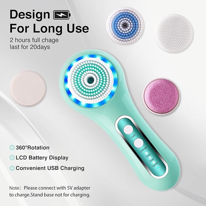 Face Scrubber Exfoliator,Facial Cleansing Brushes Rechargeable IPX7 Waterproof with 5 Brush Heads,Electric Face Spin Brush for Exfoliating, Massaging and Deep Cleansing (Mint Green)
