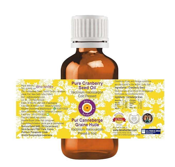 Deve Herbes Pure Cranberry Seed Oil (Vaccinium macrocarpon) Cold Pressed (Pack of Two) 100ml X 2 (6.76 oz)