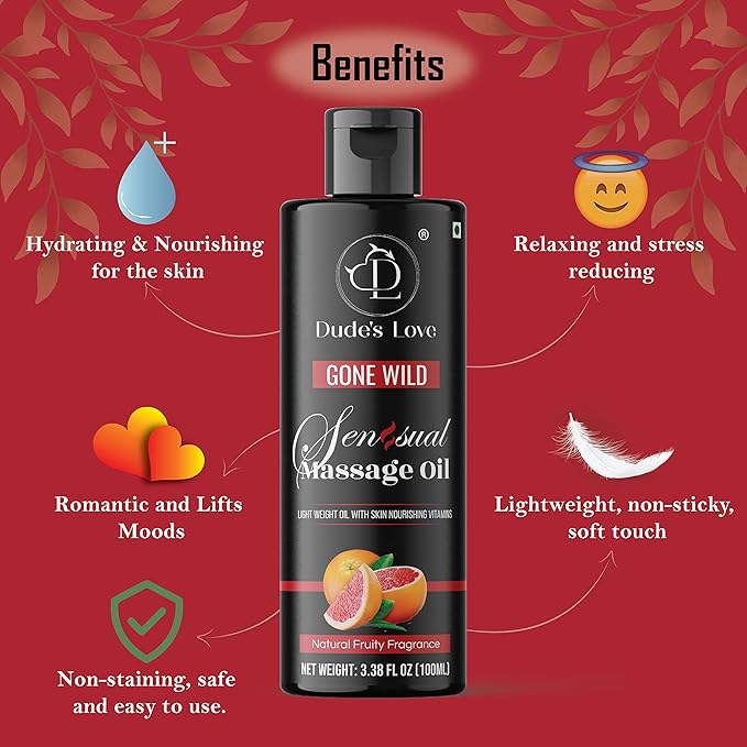 Dude's Love - Gone Wild - Fruity Sensual Massage Oil - Mind Detox | Edible Massage Oil Blend with Natural Grapefruit & Lime | Nourish & Moisturize Skin