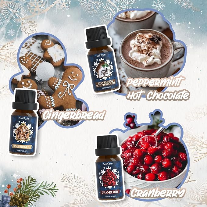 Winter Essential Oils Set, Fragrance Oil Gift Set for Oil Diffusers, Scented Oils for Soap 6x10ml - Forest Pine, Spiced Apple Cider, Cinnamon, Mint Hot Chocolate, Gingerbread, and Cranberry
