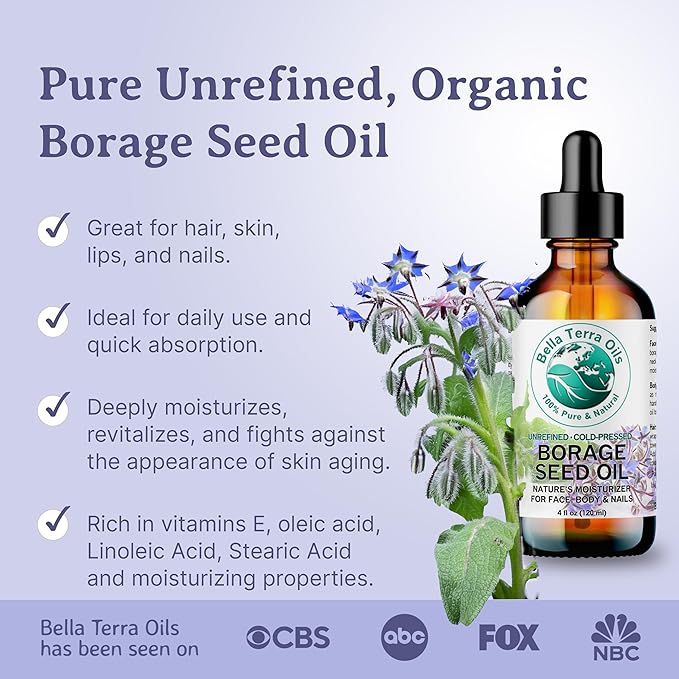 Bella Terra Oils - Organic Borage Seed Oil 16 oz - Unveiling the Power of GLA & Vital Vitamins, Pure Nourishment, Elevate Every Skin Care Routine