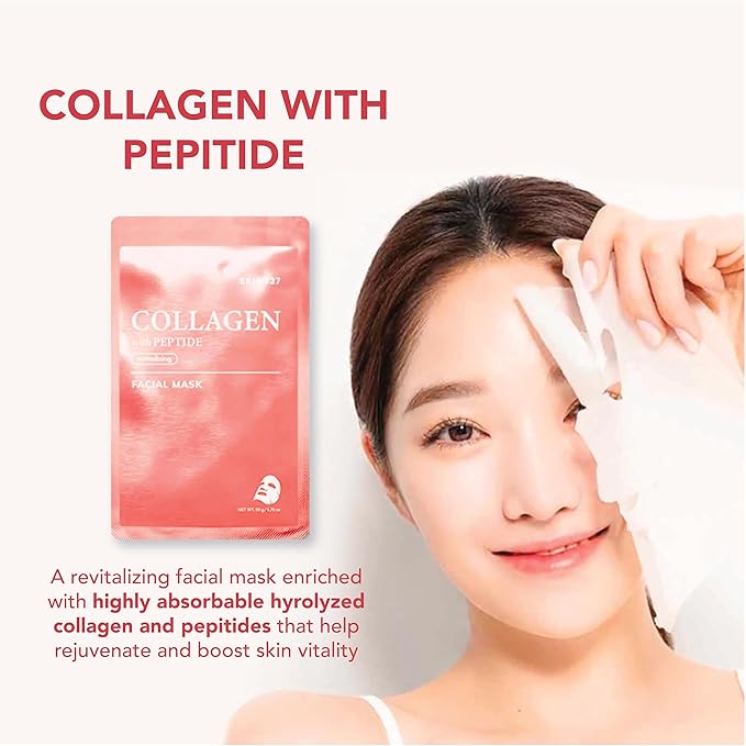 SKIN627 Bulk 24PK Face Masks Skincare, Facial Mask, Sheet Masks Korean (24PK Collagen with Peptide)