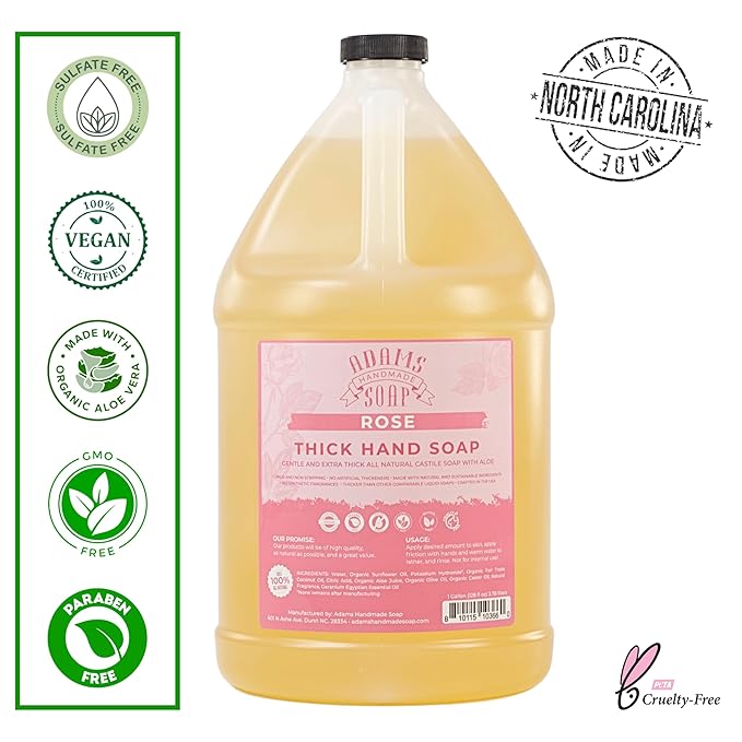 Adams Handmade Soap Thick Organic Castile Liquid Hand Soap 1 Gallon Refill - Rose (Pack of 4)