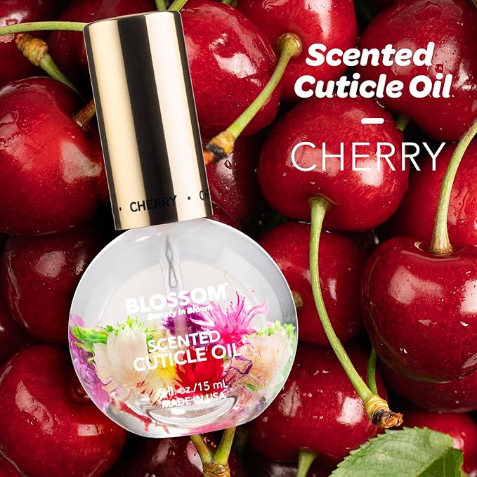Blossom Hydrating, Moisturizing, Strengthening, Scented Cuticle Oil, Infused with Real Flowers, Made in USA, 2 Pack Bundle, Cherry + Amazon Exclusive Raspberry