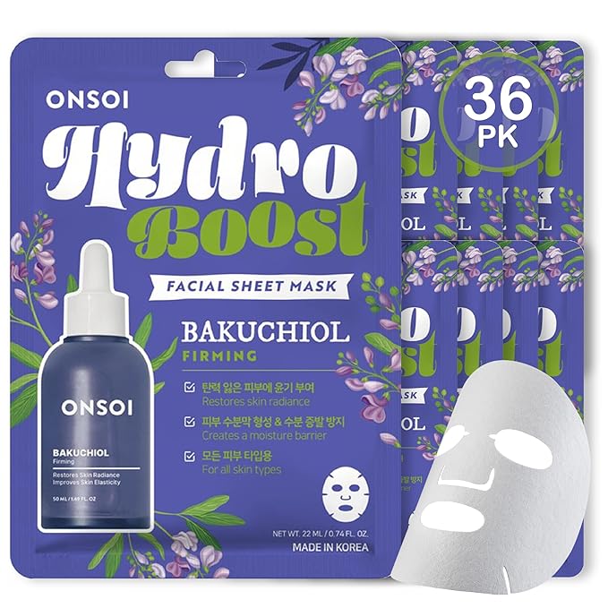 36PK ONSOI Hydro Boost Moisturizing Face Masks Skincare Korean Skin Care Facial Sheet Mask (36, 36PK Bakuchiol)