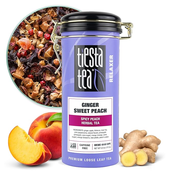 Tiesta Tea - Ginger Sweet Peach | Loose Leaf | Spicy Peach Herbal Tea | Tranquility Non-Caffeinated Blend | Bulk Hibiscus Leaves with Cane Sugar | Brews Up to 50 Cups | 6 Ounce Refillable Tin