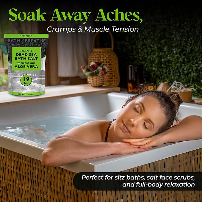 Dead Sea Salt with Organic Aloe Vera, Spa Bath Salts, 19 Lbs Fine Bulk resealable Pack, 100% Pure & Natural, Soak for Women & Men for Tired Muscles & Skin Issues (Packaging May Vary)