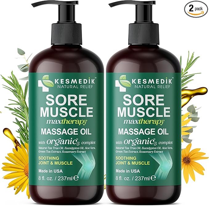 Sore Muscle Massage Oil with Arnica, Tea Tree & Eucalyptus Oils, Massage Oil for Massage Therapy, Muscle Relief, Relaxation, Tension & Skin Softening for Professional & Home Use (Pack of 2)