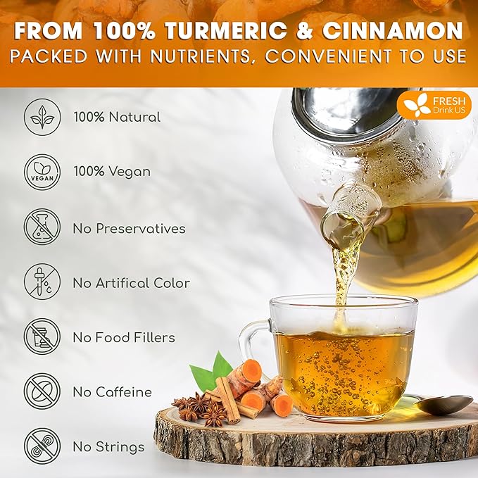 FreshDrinkUS, Premium 135 Turmeric Cinnamon Tea Bags, 100% Natural, Blend of Turmeric, and Cinnamon. Made with Natural Material Tea Bags. No Sugar. No Caffeine. Vegan.