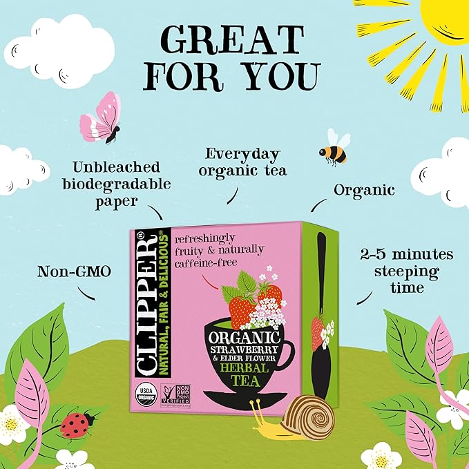 Clipper Tea Strawberry & Elderflower Herbal Tea – Caffeine Free, USDA Organic, Great Hot or Iced – Refreshingly Fruity, Natural, Fair & Delicious – 50 Tea Bags