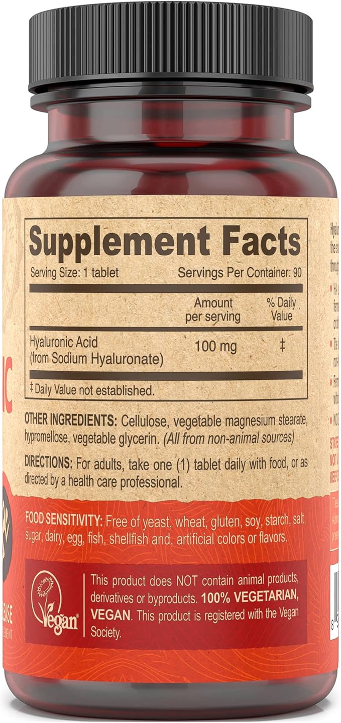 DEVA Nutrition Vegan Hyaluronic Acid 100 mg - Non-GMO & Non-Hemolytic - 90 Tablets, 1-Pack