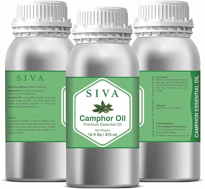 Siva Camphor Essential Oil - 16 Fl Oz – Natural Camphor Oil - for Diffuser, Face, Skin Care, Aromatherapy, Hair Care, Scalp and Body Massage